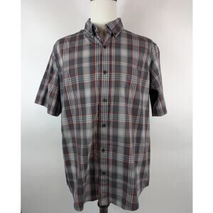 Men's XL Shirt 46-48 Button Down Plaid Gray Red Stripe Classic Fit Pocket George